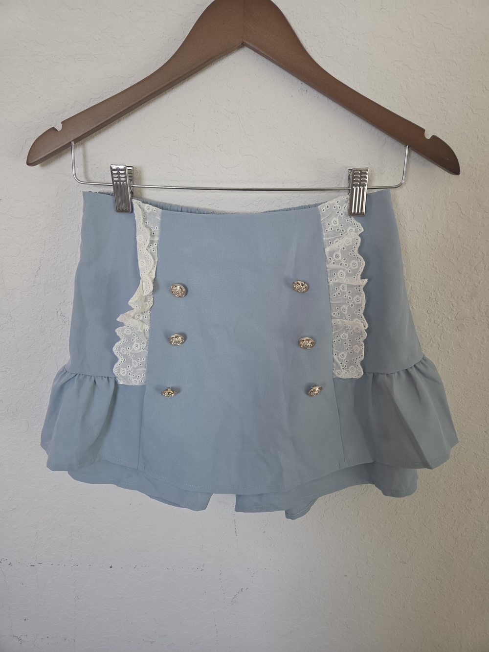 Coquette Preppy Cottagecore NWT Romwe Light Blue Lace Trim Gold Button Skort S